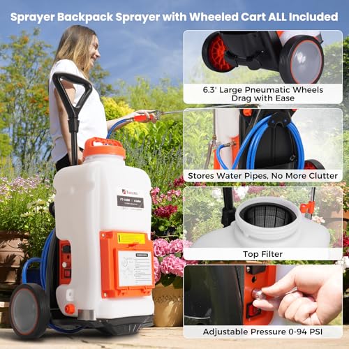 Toovem 4 Gallon Battery Powered Backpack Electric Sprayer with Wheeled Cart - color: White