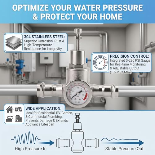 MEANLIN MEASURE 3/4" Press Fit Water Pressure Reducing Valve, DN20, 304 Stainless Steel Adjustable Pressure Regulator with 0-220 PSI Gauge, for Plumbing, Industrial Water Pipe System - size: 0.75 Inch