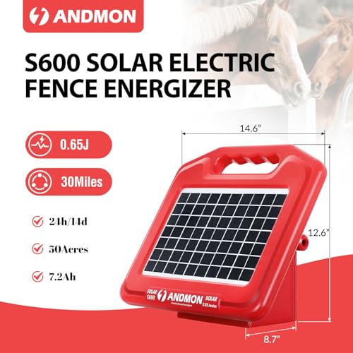 ANDMON S600 Solar Electric Fence Charger - 35 Mile Range, 0.65 Joules Powerful Solar Fence Charger, Ideal for Livestock and Garden Protection - size: S600