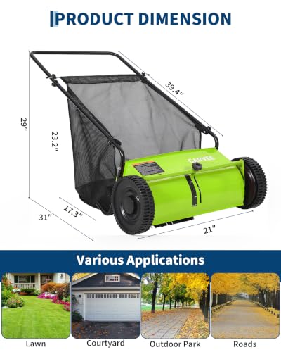21" Push Lawn Sweeper, 6 Cu.Ft. Hopper, 3 V-Shaped Brushes, Height Adjustable - color: Green, size: 21in