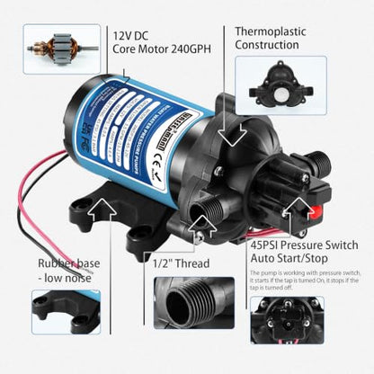 WASSERMANN 110V AC Water Diaphragm Pump,4.5GPM 55PSI 1/2" NPSM,Self-Priming Fresh Water Pressure Booster Pump,Pressure Switch, for Garden Kitchen Bathroom RV Marine Camper - color: Blue9