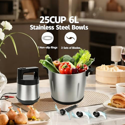 Food Processor Large Capacity,6L Electric Meat Grinder for Home,1200W Heavy Duty Food Grinder Chopper with 2 Speed& 6 Blades,Stainless Steel Bowl,Vegetable Electric Chopper for Onion, Nuts