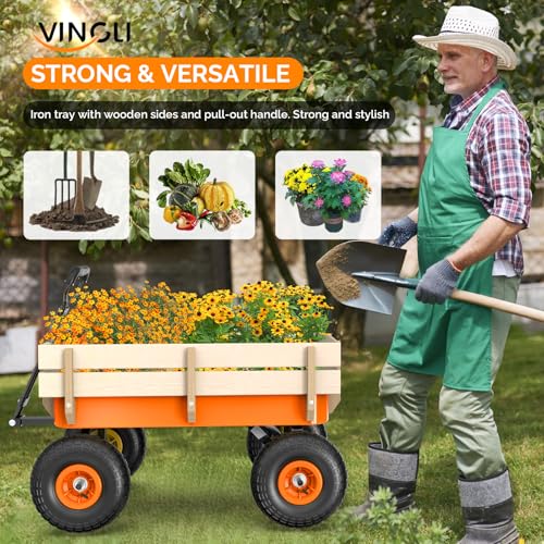 VINGLI Steel Garden Wagon Cart on Wheels, 330lb Load Capacity, Removable Heavy Duty Wooden Side Panels, with Extendable Handle and 10inch All-Terrain Tires, Wheelbarrow for Yard Landscaping (Orange) - color: Orange