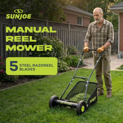 Sun Joe Manual Push Reel Lawn Mower with 6.6-Gal Grass Catcher, 16-Inch Cutting Width - Heavy-Duty Yard Trimmer Machine for Gardening Care and Maintenance, MJ500M - size: 16 in