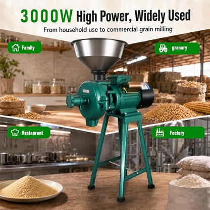 Commercial Electric Grain Grinder 3000W, High-Speed Grain Mill, Heavy-Duty Molino Para Moler Maiz, Suitable For Corn, Wheat, Spices, Red Beans, Rice, Dry Grains, Ideal For Farm, Home, Restaurant