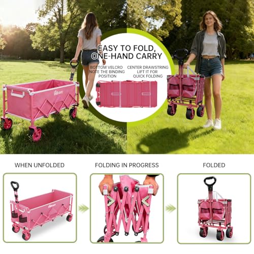34" Extra Long Collapsible Wagon Cart, 480LBS Capacity, Rose Pink - color: Rose Pink