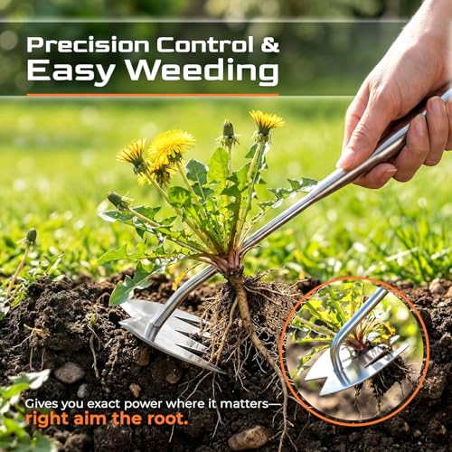 Weed Puller Tool, Heavy-Duty Stainless Steel Garden Hand Weeding Tool - size: 4-tooth