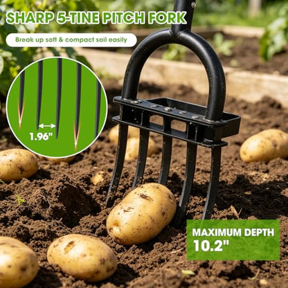 Broad Fork Garden Tool, 50" Heavy Duty Broadfork Hand Tiller with Double 5 Sharp Tines, Garden Pitchfork with Ergonomic D-Shaped Handle, Spading Diggi - size: Broad Fork 50Inch