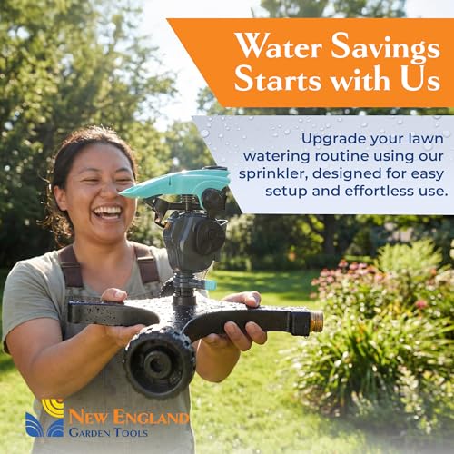 All-new Pulsating Lawn Sprinkler 300011, Impact Sprinkler w/ 70 ft Reach, 360° Range Gear & Pulsating Mechanism, 3,900 sq ft Lawn & Garden Watering, Metal Base w/Wheels, by New England Garden Tools