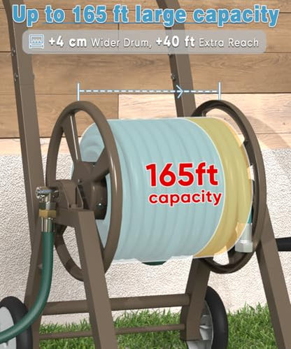 Artigarden Garden Hose Reel Cart with Wheels, Holds 165 ft of 5/8’’ Hose Outdoor Heavy Duty Powder-coated Steel Water Storage Holder Rack with 3.9 Ft Leader Hose for Outside Lawn Yard, Brown