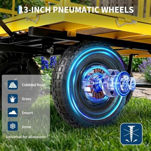 4-in-1 Heavy Duty Steel Garden Yard Cart - 1500 lbs Capacity - 13 Inch All-Terrain Wheels - Removable Mesh Sides - Dark Green Frame, Yellow Hubs, Black Handlebars