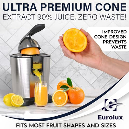 Eurolux Power-Pro Premium Electric Citrus Juicer - With 300 Watts of Power, The Most Powerful Juicer, For An Easy Smooth Juicing Experience | New Updated Design - color: Stainless Steel, size: Pro XL Size