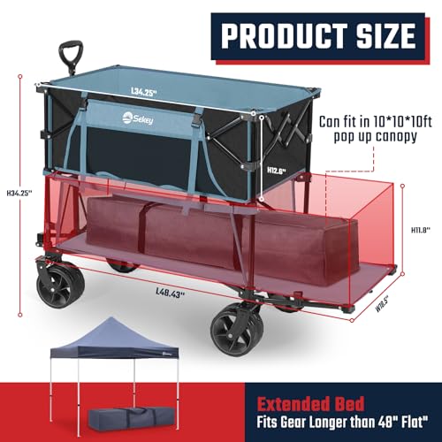 Sekey Double Decker Wagon, 500LBS Heavy Duty Collapsible Utility Cart with 400L Capacity & Extended Lower Shelf, Fits 10x10 Canopy, Foldable Garden Wagon with Big Wheels & Brakes for Sports & Beach - color: Blue