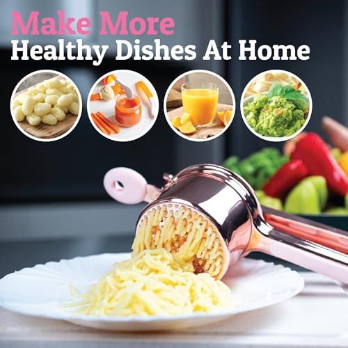 PriorityChef Large 15oz Potato Ricer, Heavy Duty Stainless Steel Potato Masher and Ricer Kitchen Tool, Press and Mash Kitchen Gadget For Perfect Mashed Potatoes - Everytime, Rose Gold and Pink - color: Rose Gold Pink