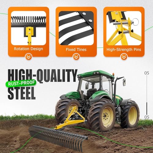 KUAFU 60-Inch 3-Point Landscape Rake Compatible with Category 1 - style: Yellow
