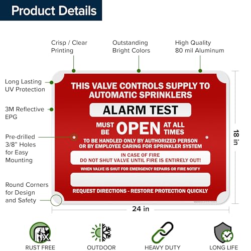 This Valve Controls Supply To Automatic Sprinklers Alarm Test Sign, 18x24 Inches, 3M EGP Reflective .080 Aluminum, Fade Resistant, Made in USA by My Sign Center - size: 18x24 Reflective Aluminum