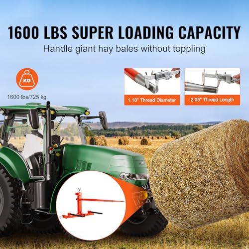 Happybuy 49" Hay Spear, 1600lbs Capacity, Three-Point Hitch Attachment with 2 Stabilizer Spears, Quick Attach Forks