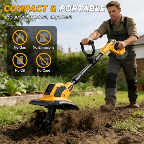 Brushless Cordless Tiller Cultivator Compatible with Dewalt 20V Battery (Tool Only), 400RPM Electric Garden Rototiller, 9In Width 7In Depth with 48 Steel Tines for Soil Cultivation & Gardening