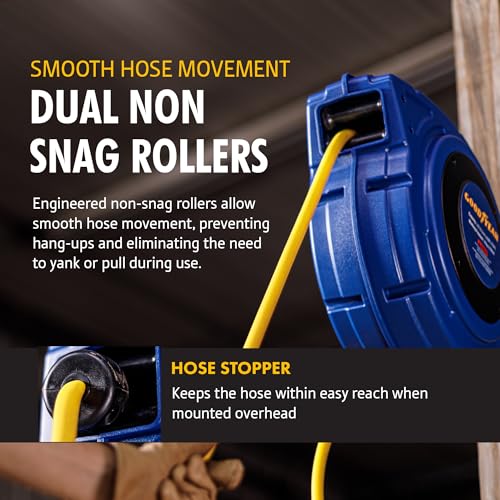 Goodyear Air Hose Reel Retractable 3/8" Inch x 50' Foot Hybrid Polymer Hose Max 300PSI Commerical Polypropylene Construction - color: Air/Water Reel