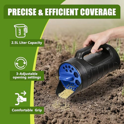 Adjustable Handheld Seed Shaker – Hand Spreader - 90oz Capacity Multi-Purpose Spreader for Fertilizer, Grass Seed, Ice Melt & Lawn Care - color: Blue
