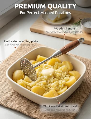 DUGATO Potato Masher, Stainless Steel Masher Tool with Wood Handle