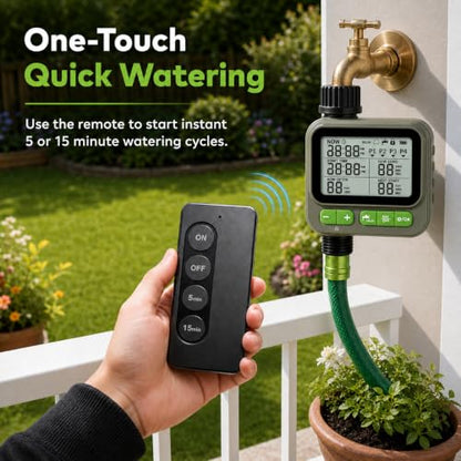 Sprinkler Timer with remote control, Programmable Water Timer for Garden Hose, Outdoor Hose Faucet Timed with 4 Plans/Rain Delay/Automatic Watering controller System, Digital Irrigation for Yard, Lawn