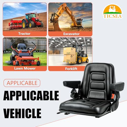 TICSEA Universal Forklift Seat, Tractor Seat with Adjustable Angle Back, Armrest And Safety Belt,for Tractor, Excavator Skid Loader Backhoe Dozer Telehandler