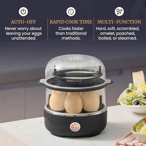 Elite Gourmet EGC1215B Easy Egg Cooker, Two-Tiered, 14-Egg, Black - color: Black, size: 14-Egg