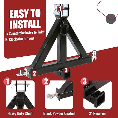 HECASA 3 Point Trailer Hitch 2" Receiver Compatible with Kubota John Deere BX LM25H NorTrac Yanmar Kioti Cat Category 1 Tractors Heavy Duty Tow Hitch