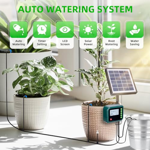 Solar Automatic Drip Irrigation Kit System,Automatic Plant Watering Devices Programmable Water Timer,LED Display for 15 Potted Plants Outdoor Indoor Garden Balcony Vacation