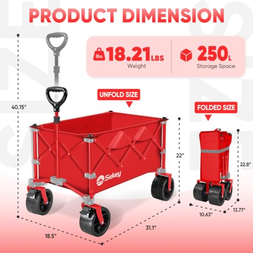 Sekey 250L Beach Wagon, 400 lb Capacity, Foldable, All-Terrain Wheels - color: Red