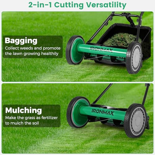 IRONMAX 16 Inch 5-Blade Push Reel Mower, Removable Grass Catcher, Green - color: Green, size: 16 Inch