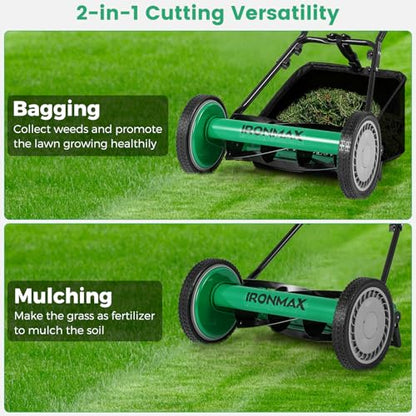IRONMAX 16 Inch 5-Blade Push Reel Mower, Removable Grass Catcher, Green - color: Green, size: 16 Inch