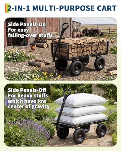 1200 Lbs Steel Garden Cart, Utility Wagon with Removable Mesh Sides-Black - color: Black