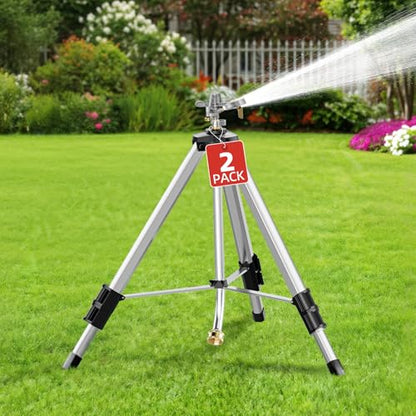 SPECILITE Brass Impact Tripod Sprinkler for Yard, Waters up to 70ft, 2 Pack | Heavy Duty Metal Telescoping, Pulsating, 360° Rotation, Sprays Up to 70ft, Covers 5660sqft, Stable & Durable, Easy Setup - color: Silver, 2-Pack