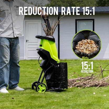 Steelite 15-Amp Electric Wood Chipper, 45L Collection Bag Chipper Shredder, 1.8" Cutting Diameter Mulcher with Max 15:1 Reduction, Dual Steel Blades for Easy Clean up Yard Waste and Branches - color: Light lime green