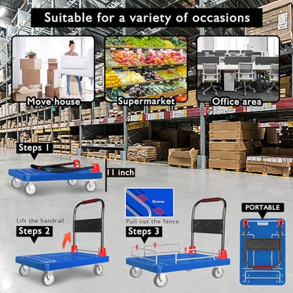 1300lbs Platform Truck with Brake Wheels & Foldable Fences - color: Blue, size: 36"x24"