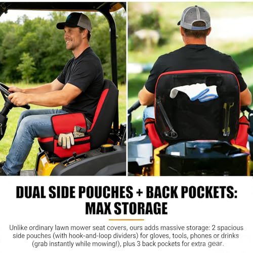 Lawn Mower Seat Cover Weatherproof Anti-Slip Tractor Seat Cover for Craftsman, Cub Cadet,Toro,Kubota,John Deere Riding Mower (M,Black&Red) - size: Deluxe Medium+Non-Slip Silicone+ Pockets