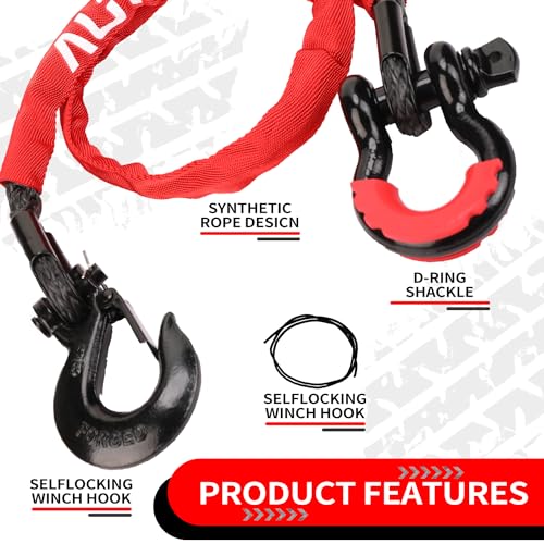 4FT UTV ATV Recovery Strap 19400LBS with Winch Hook and D-Ring Shackle, Synthetic Tow Rope Premium Mudding Accessories - size: 4ft