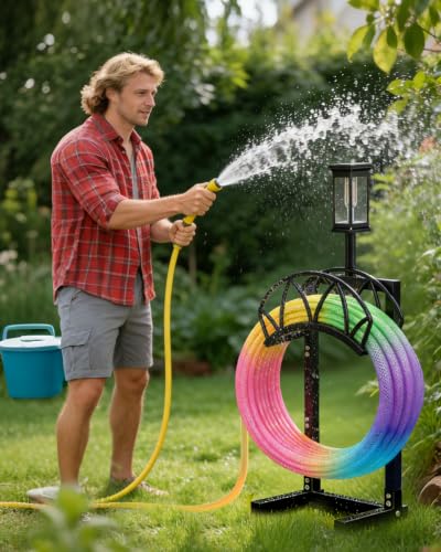 Garden Hose Holder with Solar Light, Freestanding Hose Stand for Outside - color: Carbon Black-with Solar Light