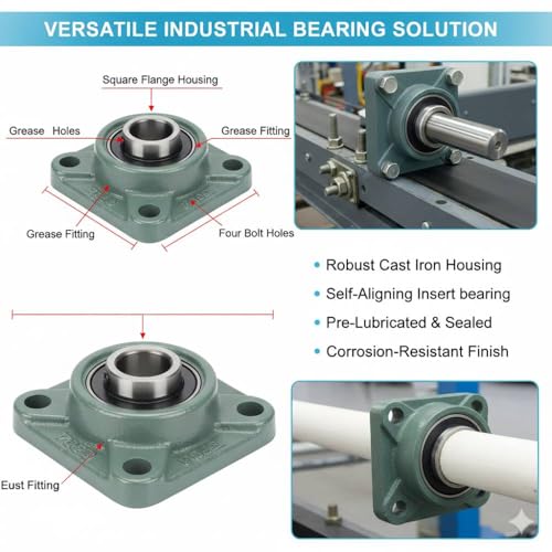 UCF209 (45mm) Bore 4-Bolt Square Flange Bearing Unit, Self-Aligning Mounted Bearing, Cast Iron Housing, Set Screw Lock