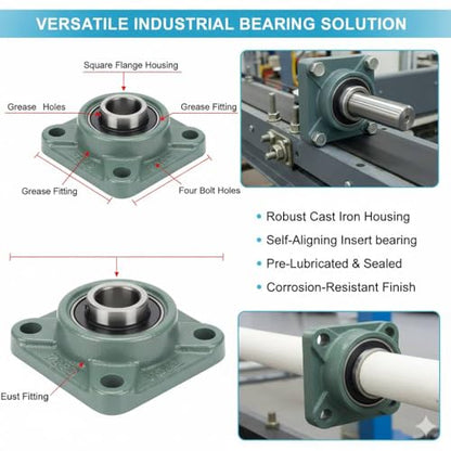 UCF207-20 (1-1/4") Bore 4-Bolt Square Flange Bearing Unit, Self-Aligning - size: UCF207-20 (1-1/4")