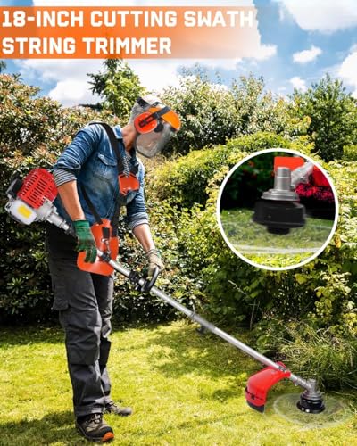 52cc Weed Wacker Gas Powered, 2 in 1 Gas String Trimmer/Edger Brush Cutter,Multi Yard Care Tools,Rubber Handle & Shoulder Strap Included, Lightweight Design Red