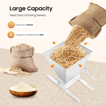 4L 2 Roller Stainless Steel Malt Crusher, Heavy Duty Malt Mill, Homebrew Grain Crusher, Adjustable Barley Grinder, Low Speed Drill Available Manual Mill