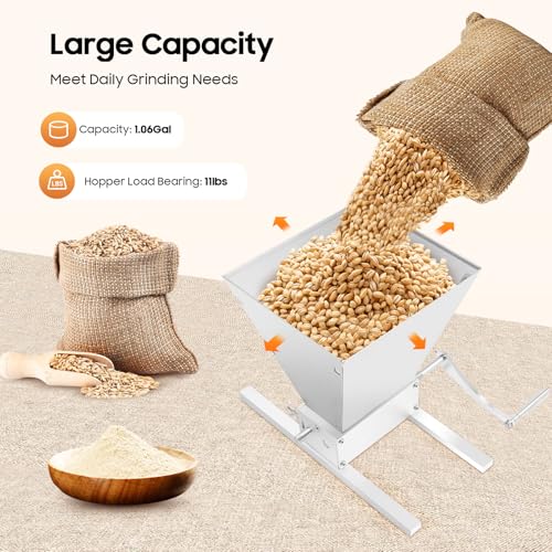 Manual Grain Crusher Mill, Stainless Steel Dry Cereals Grinder Crusher Malt Mill Adjustable Hand Grain Mill Low Speed Drill Malt Crusher Gap Grinder Dry Grinder for Kitchen,Not Applicable to Legumes - color: Opening-8.5*8.5inch