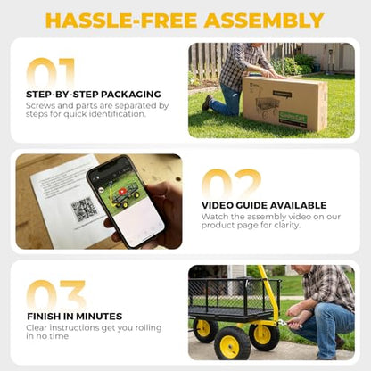 Sekey 1400lbs Heavy Duty Steel Garden Cart for Farm & Construction, 7.7 Cu.Ft. Extra-Large Utility Wagon with Removable Sides, 2-in-1 Towable Handle, 13" Rubber Tires, Black - color: Black, size: 1400LBS