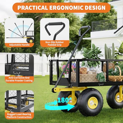 Yard Cart 1400 LBS Capacity, 10" Pneumatic Tires & Convertible Flatbed, Heavy Duty Steel Garden Utility Wagon for Lawn, Farm, Construction, Hauling Soil, Mulch, Firewood - color: Black Yellow, size: 1400LBS