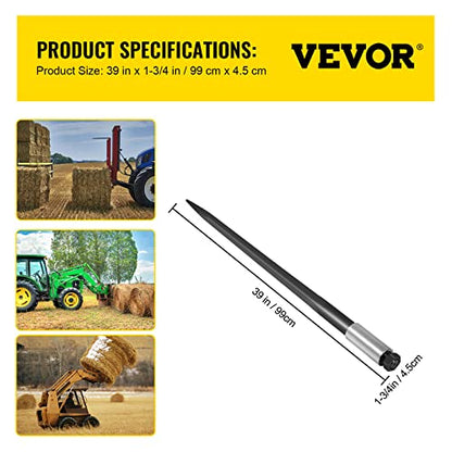 Vevor Hay Spear 39" Bale Spear 3600 lbs Capacity, Bale Spike Quick Attach Square Hay Bale Spears 1 3/4", Black Coated Bale Forks, Bale Hay Spike with Hex Nut and Sleeve for Buckets Tractors Loaders - size: 39"