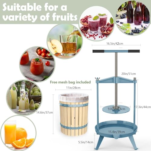 SQUEEZE master Fruit Wine Cider Press - Solid Wood Basket- 4.75 Gallon/18L-T Handle Bar with Fruit Apple Wine Classic Crusher -7 Litre/1.8Gallon Manual Grinder
