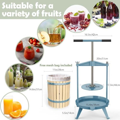 SQUEEZE master Fruit Wine Cider Press - Solid Wood Basket- 4.75 Gallon/18L-T Handle Bar with Fruit Apple Wine Classic Crusher -7 Litre/1.8Gallon Manual Grinder